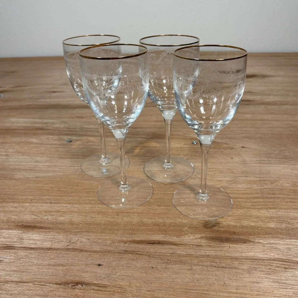 Vintage Etched Crystal Wine Glasses Gold Rim Floral Scroll Set of 4 Stemware